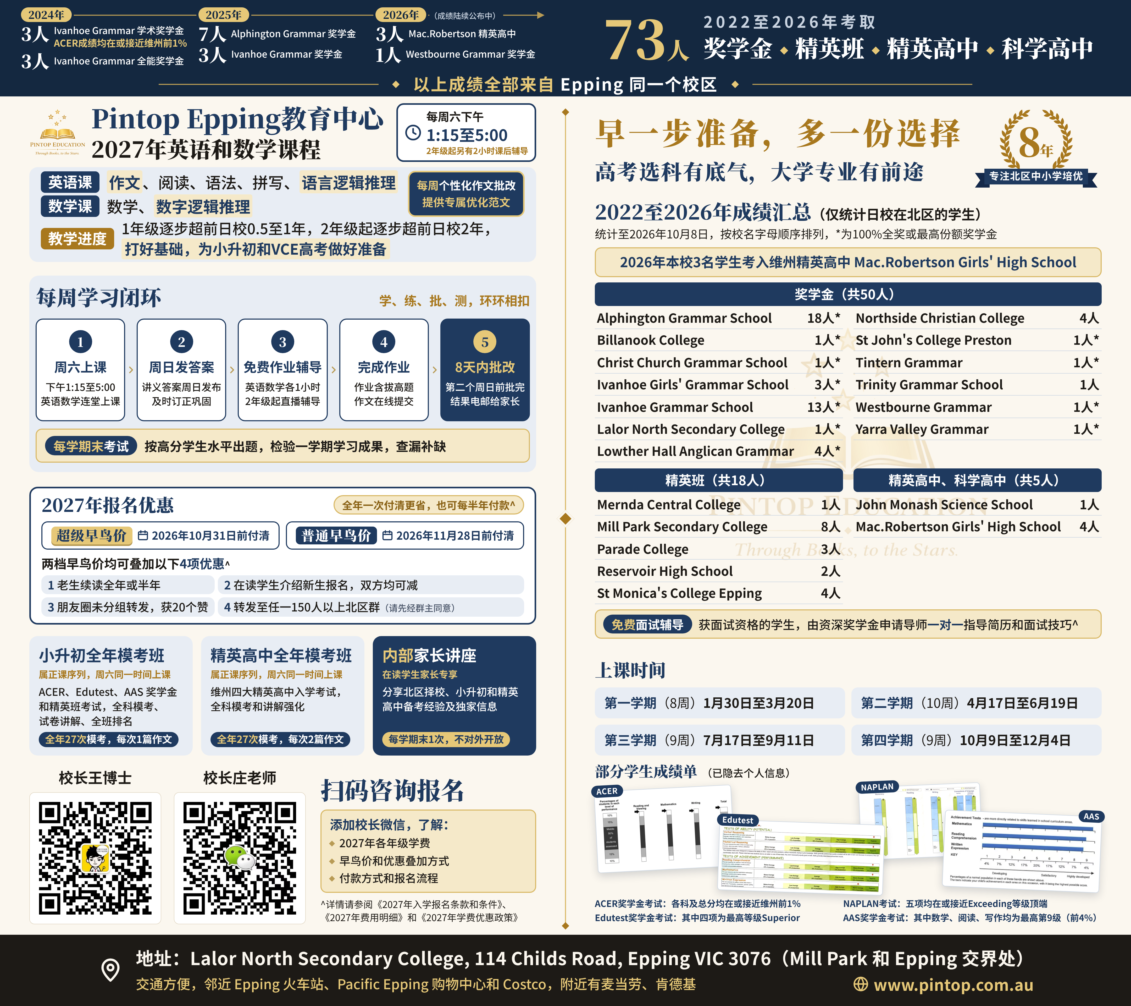 Chinese 2027 enrolment poster with courses, timetable, campus and student results